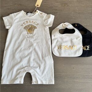 Versace White and Black Logo Baby Onsie and Bibs 12/18 Mo